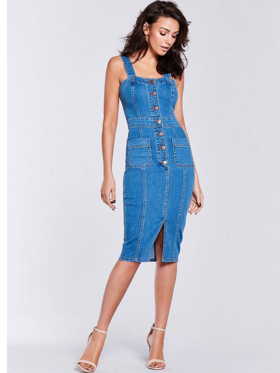 Michelle Keegan?s ?45 sell-out denim bodycon dress is back in stock? and is also in black picture: VERY METROGRAB
